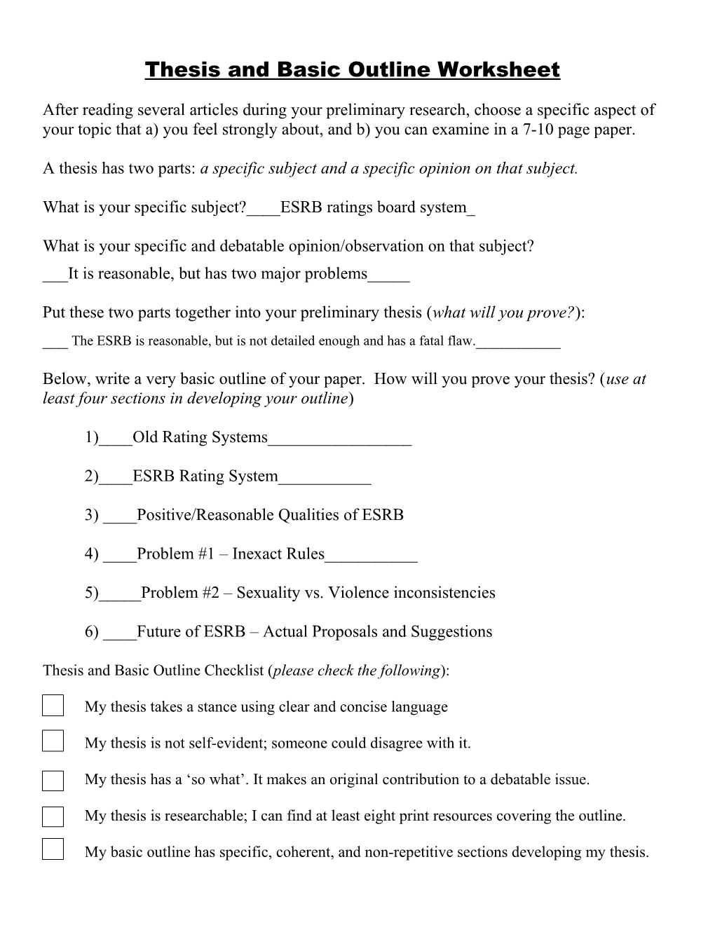 Thesis and Basic Outline Worksheet