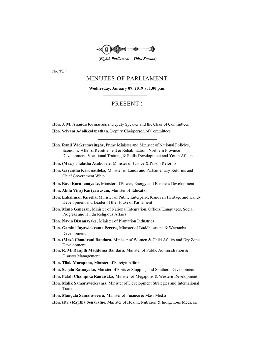 Minutes of Parliament for 09.01.2019