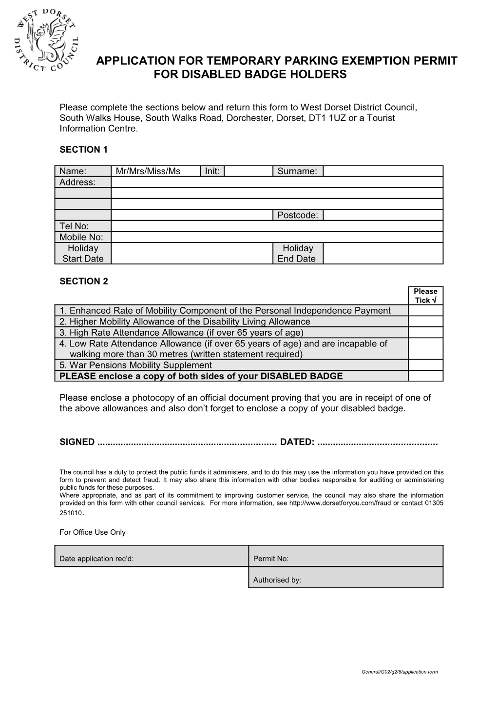 Application for Temporary Parking Exemption Permit