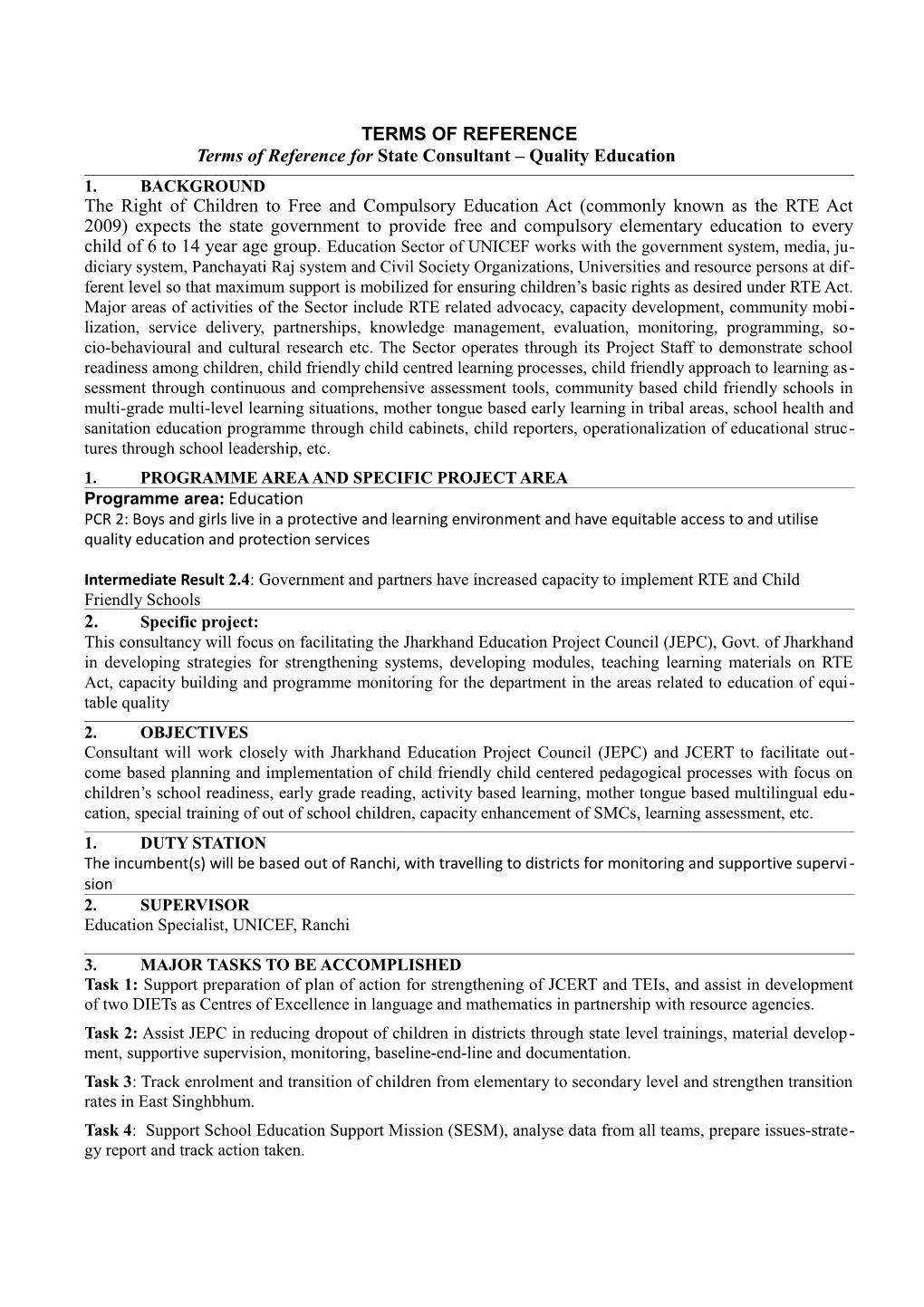 Terms of Reference for State Consultant Quality Education