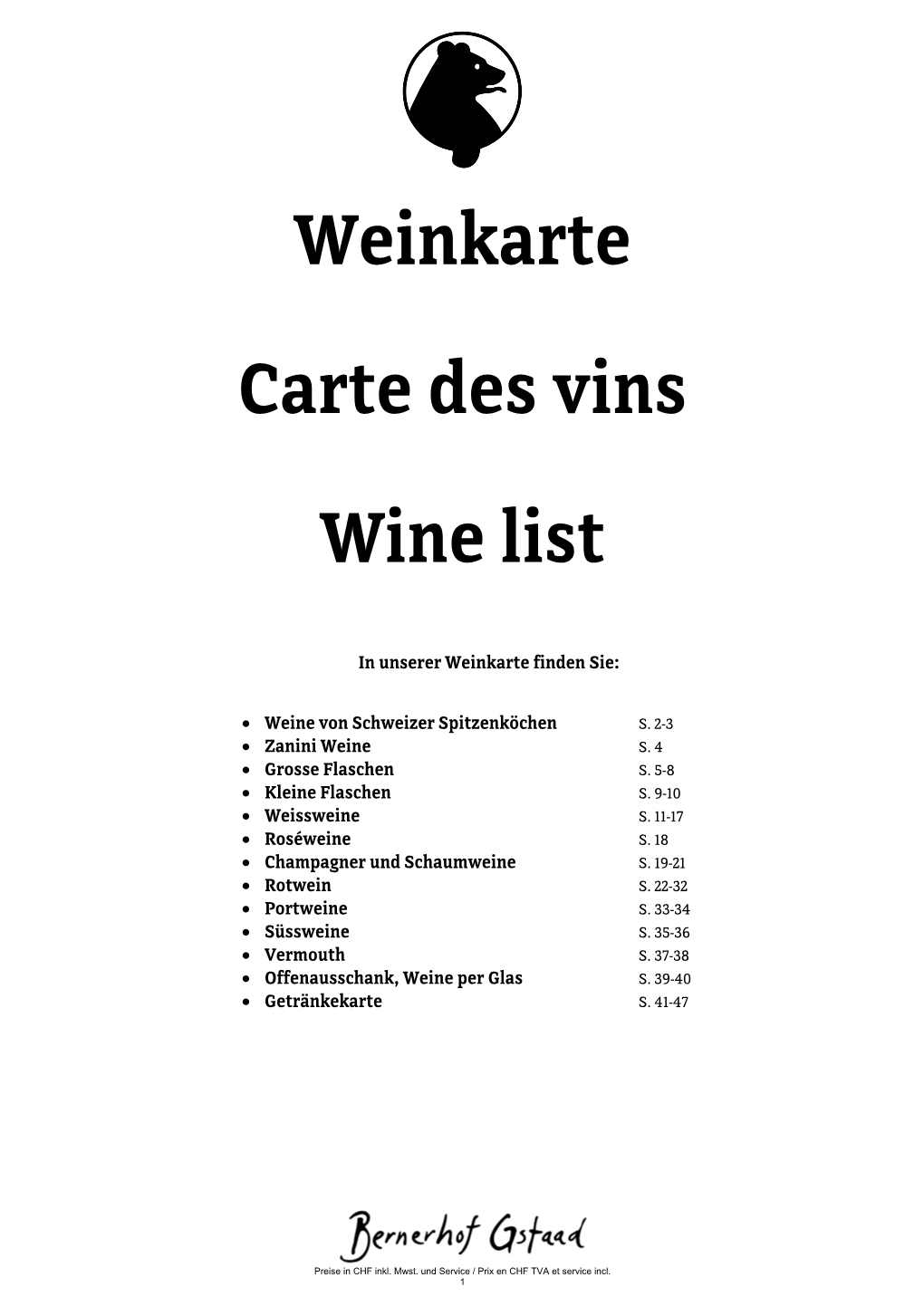 Weinkarte Carte Des Vins