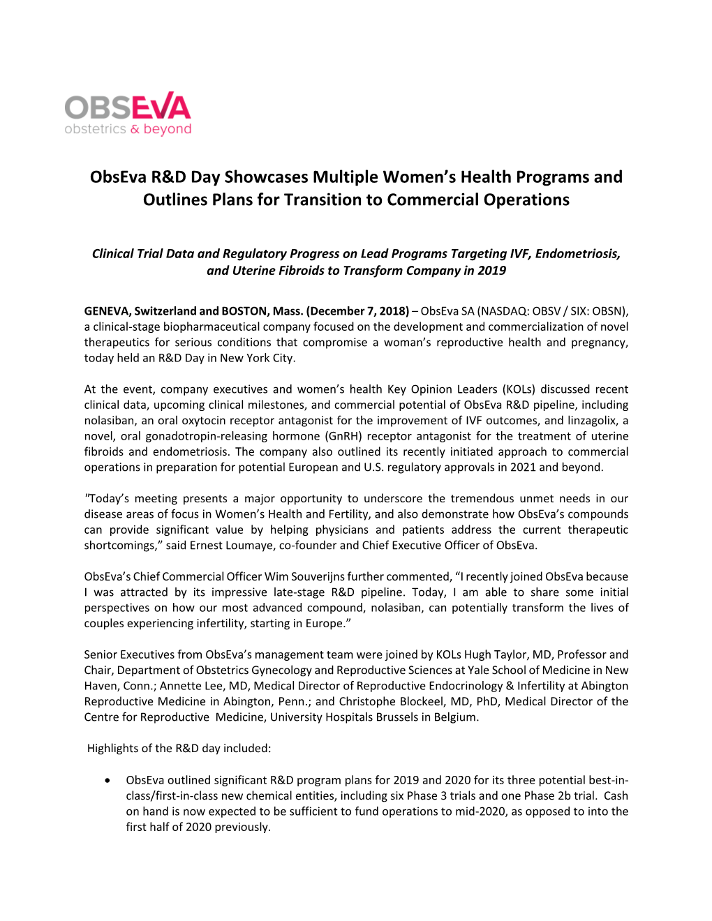 Obseva R&D Day Showcases Multiple Women's Health Programs and Outlines Plans for Transition to Commercial Operations