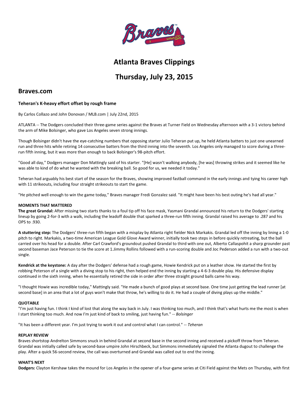 Atlanta Braves Clippings Thursday, July 23, 2015 Braves.Com