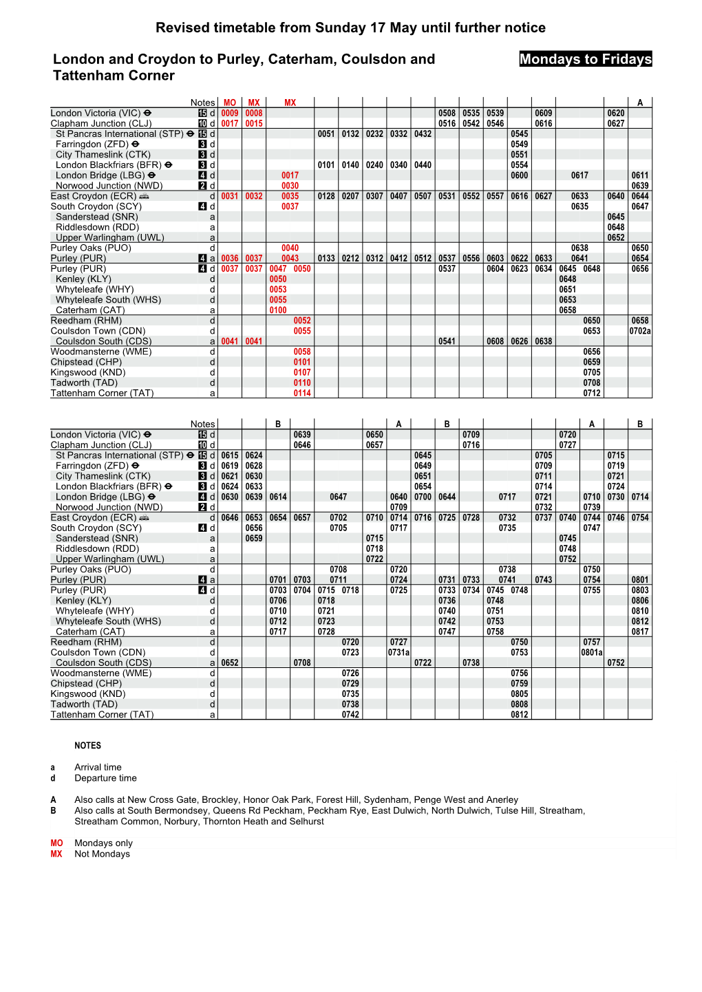 Revised Timetable from Sunday 17 May Until Further Notice