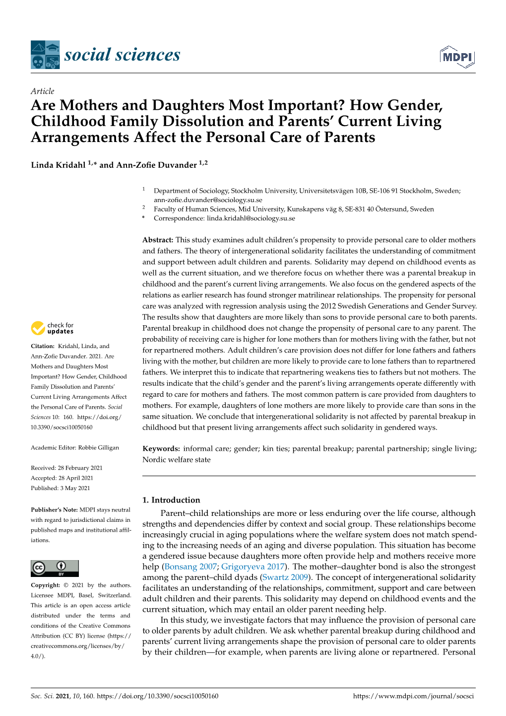 How Gender, Childhood Family Dissolution and Parents' Current Living Arrangements Af