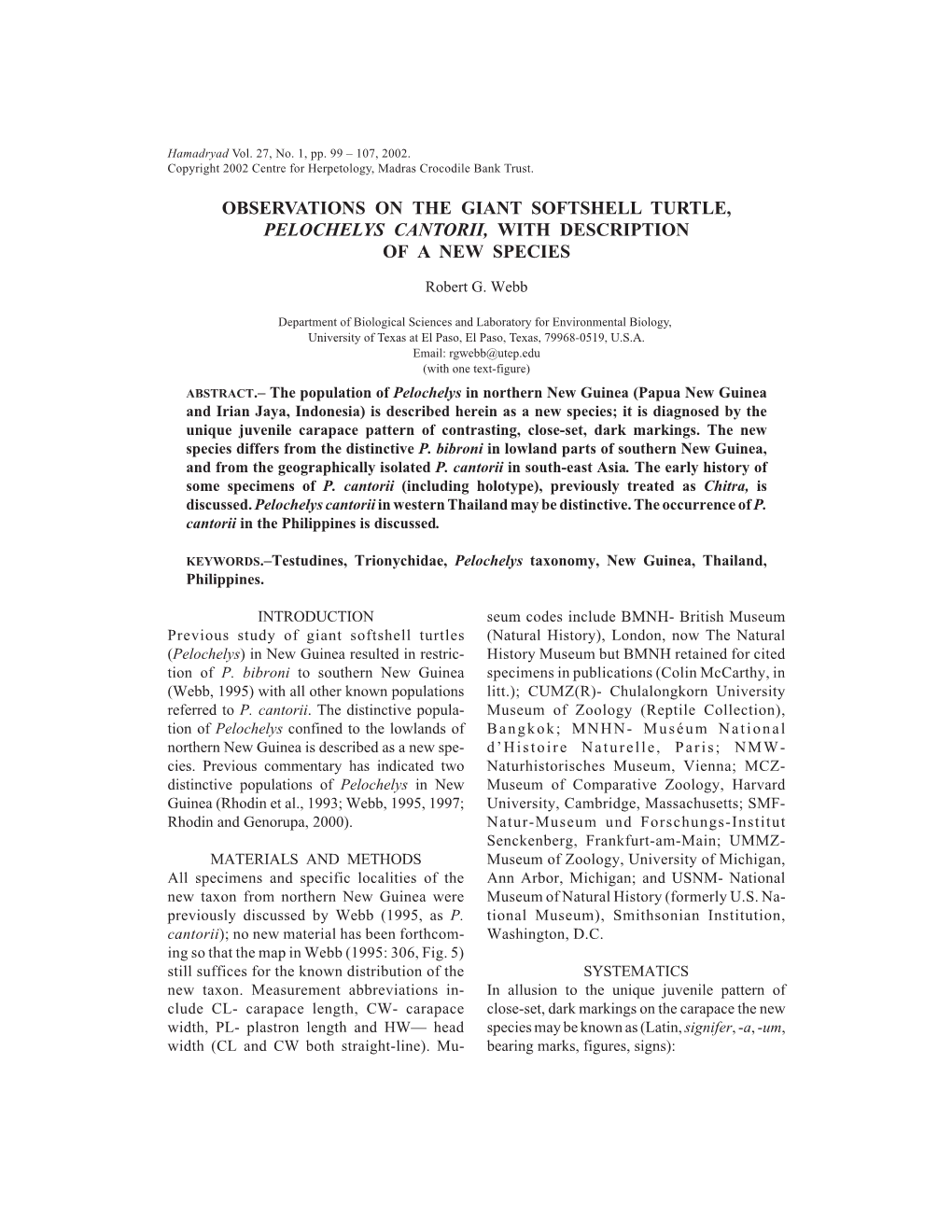 Observations on the Giant Softshell Turtle, Pelochelys Cantorii, with Description of a New Species