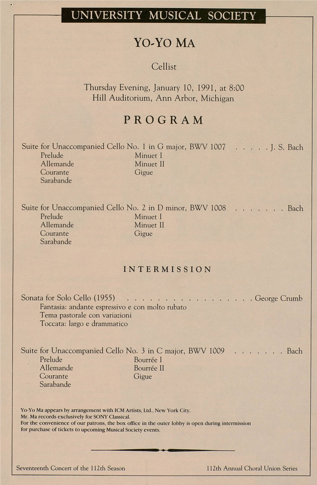 University Musical Society Yoyo Ma Program