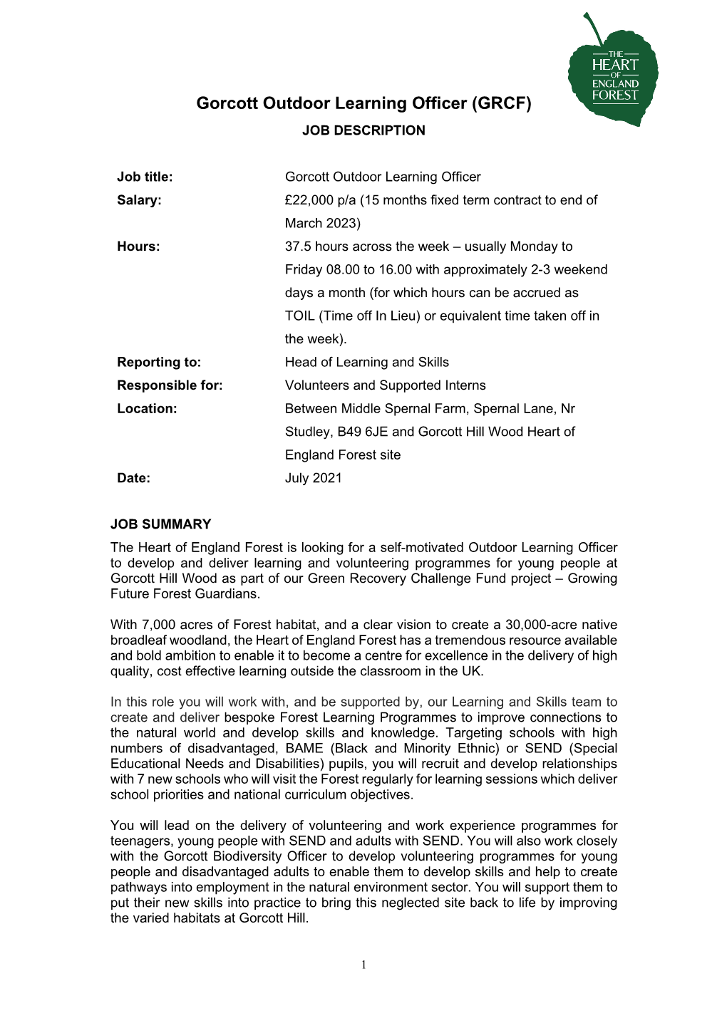 Gorcott Outdoor Learning Officer (GRCF) JOB DESCRIPTION