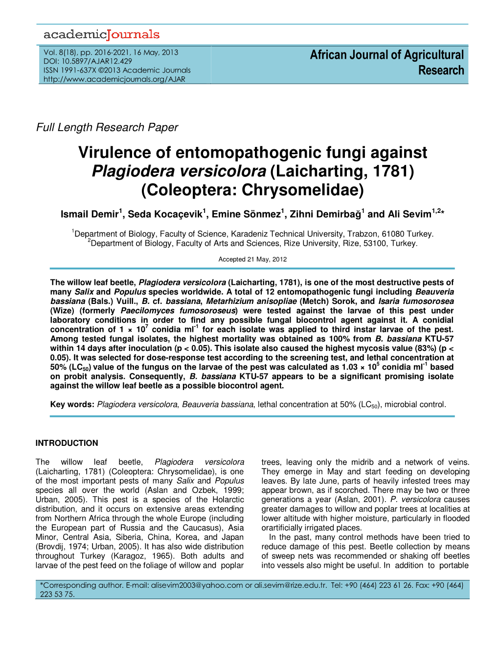 Virulence of Entomopathogenic Fungi Against Plagiodera Versicolora (Laicharting, 1781) (Coleoptera: Chrysomelidae)