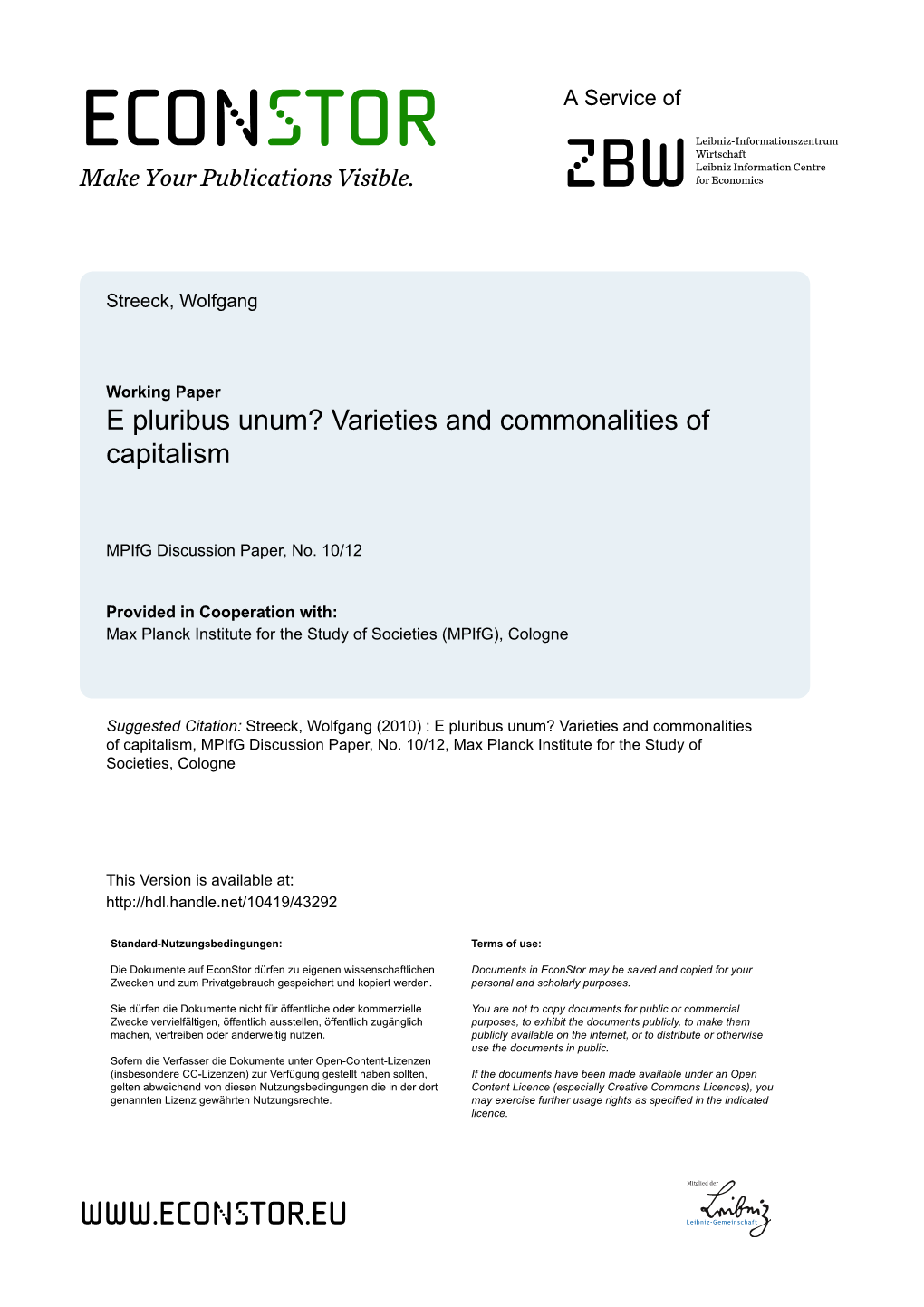 E Pluribus Unum? Varieties and Commonalities of Capitalism