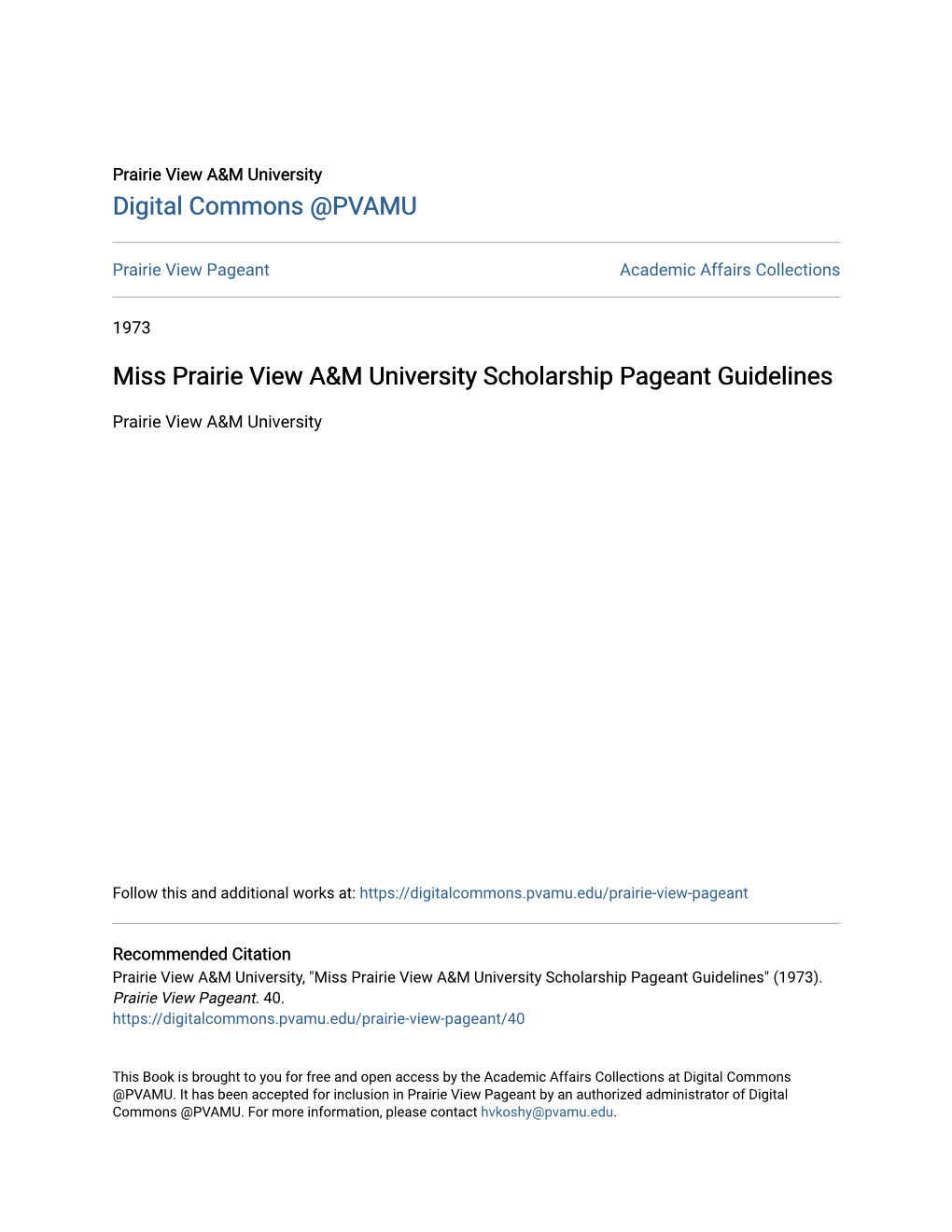 Miss Prairie View A&M University Scholarship Pageant Guidelines