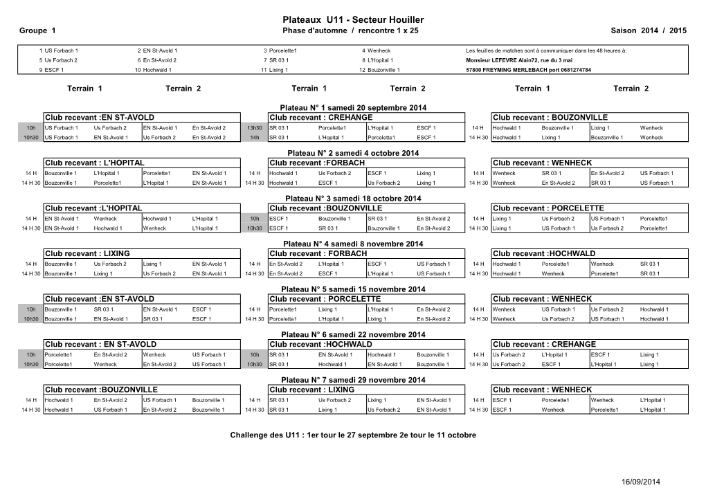 Plateaux U11 - Secteur Houiller Groupe 1 Phase D'automne / Rencontre 1 X 25 Saison 2014 / 2015