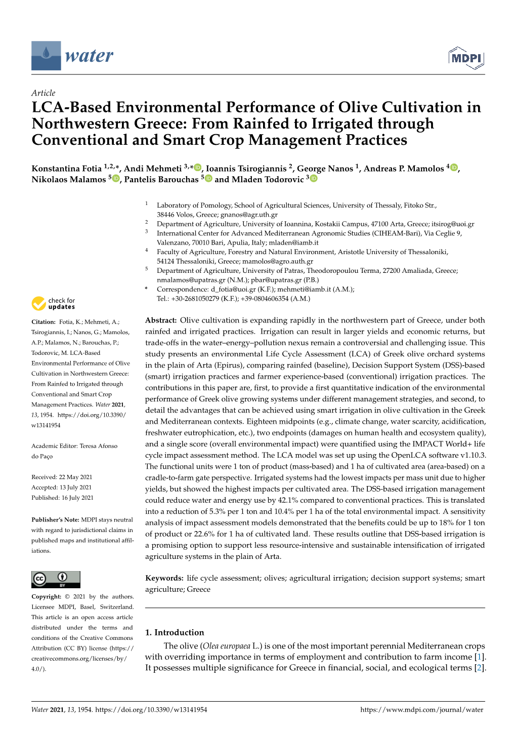 LCA-Based Environmental Performance of Olive Cultivation in Northwestern Greece: from Rainfed to Irrigated Through Conventional and Smart Crop Management Practices