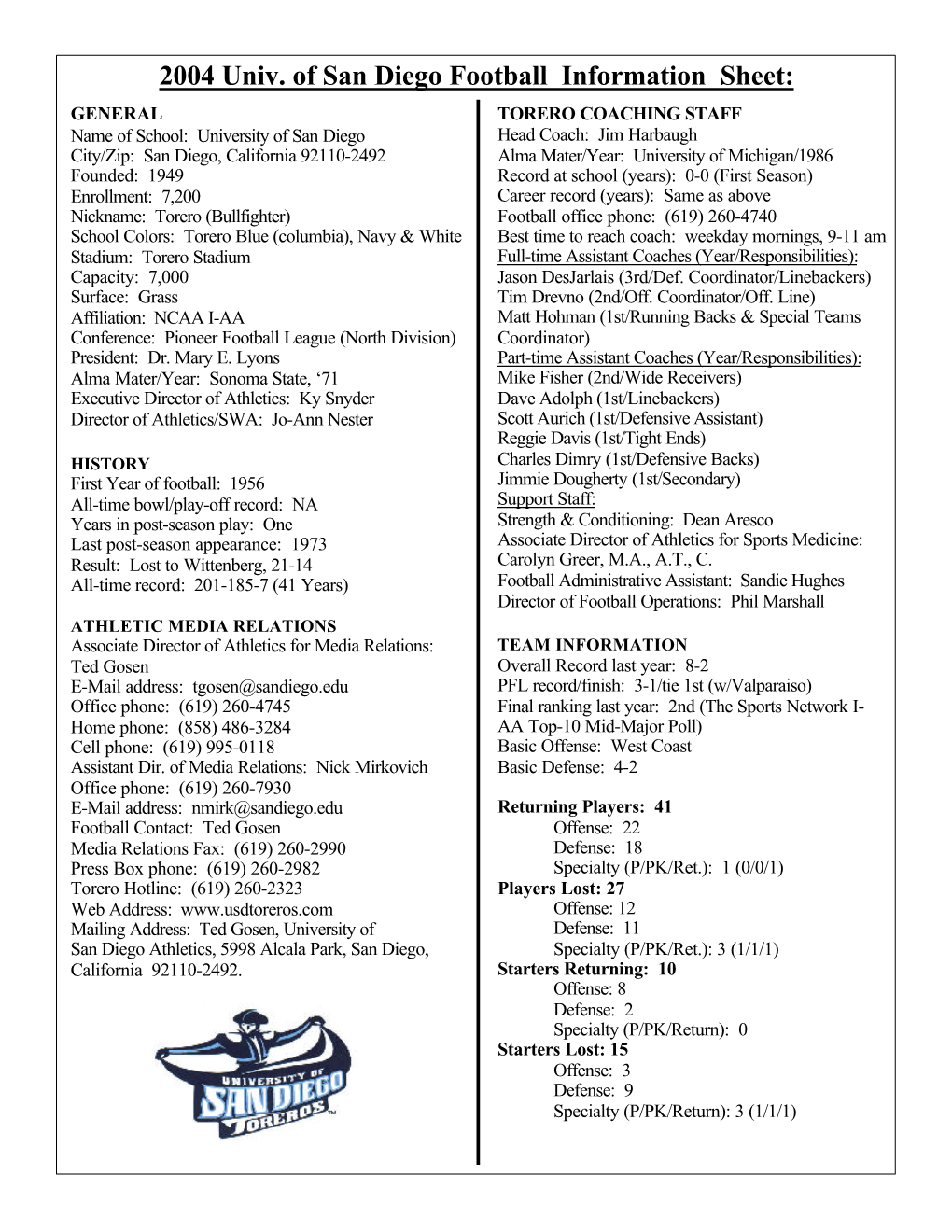 2004 Univ. of San Diego Football Information Sheet