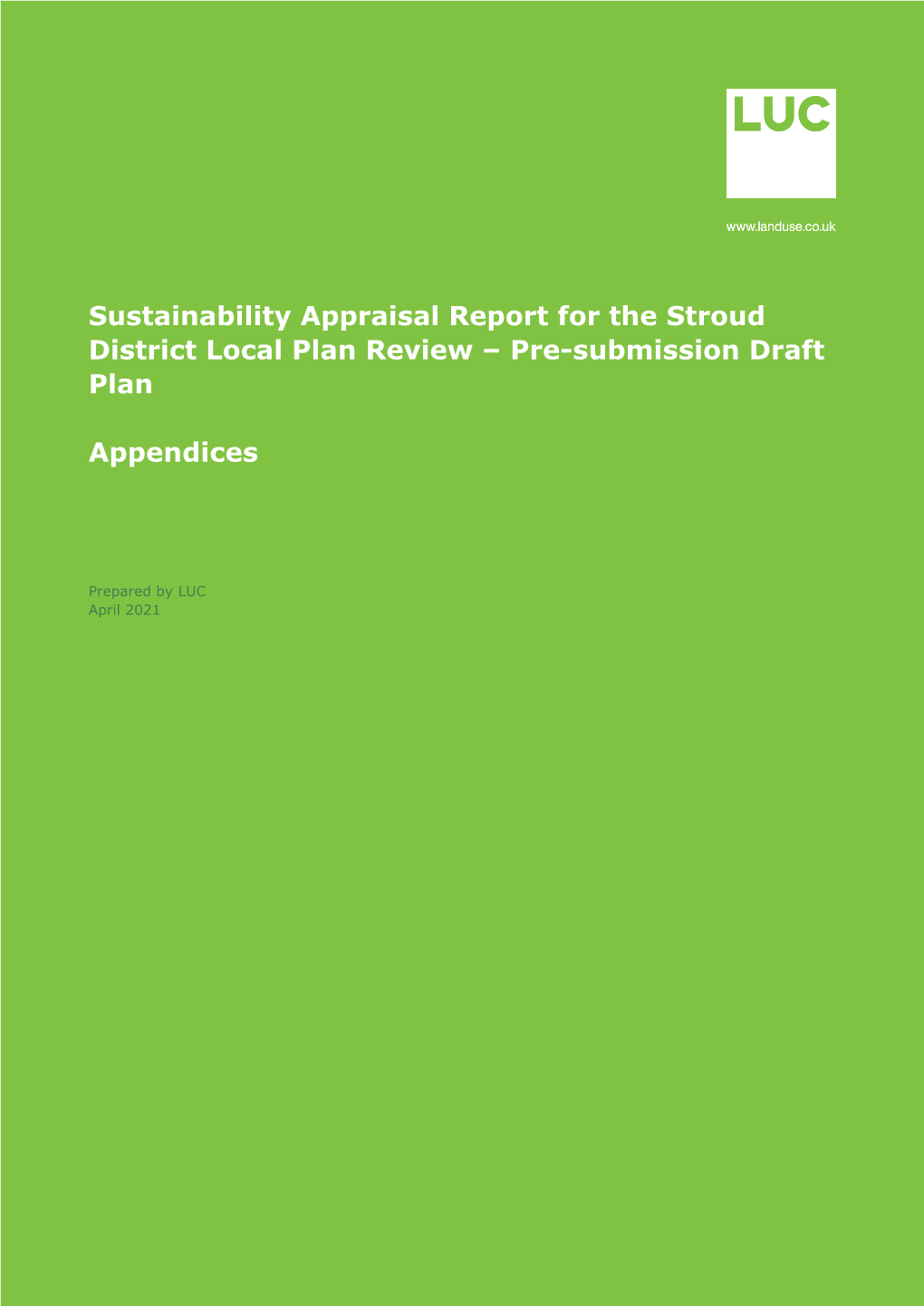 Sustainability Appraisal Report for the Stroud District Local Plan Review – Pre-Submission Draft Plan