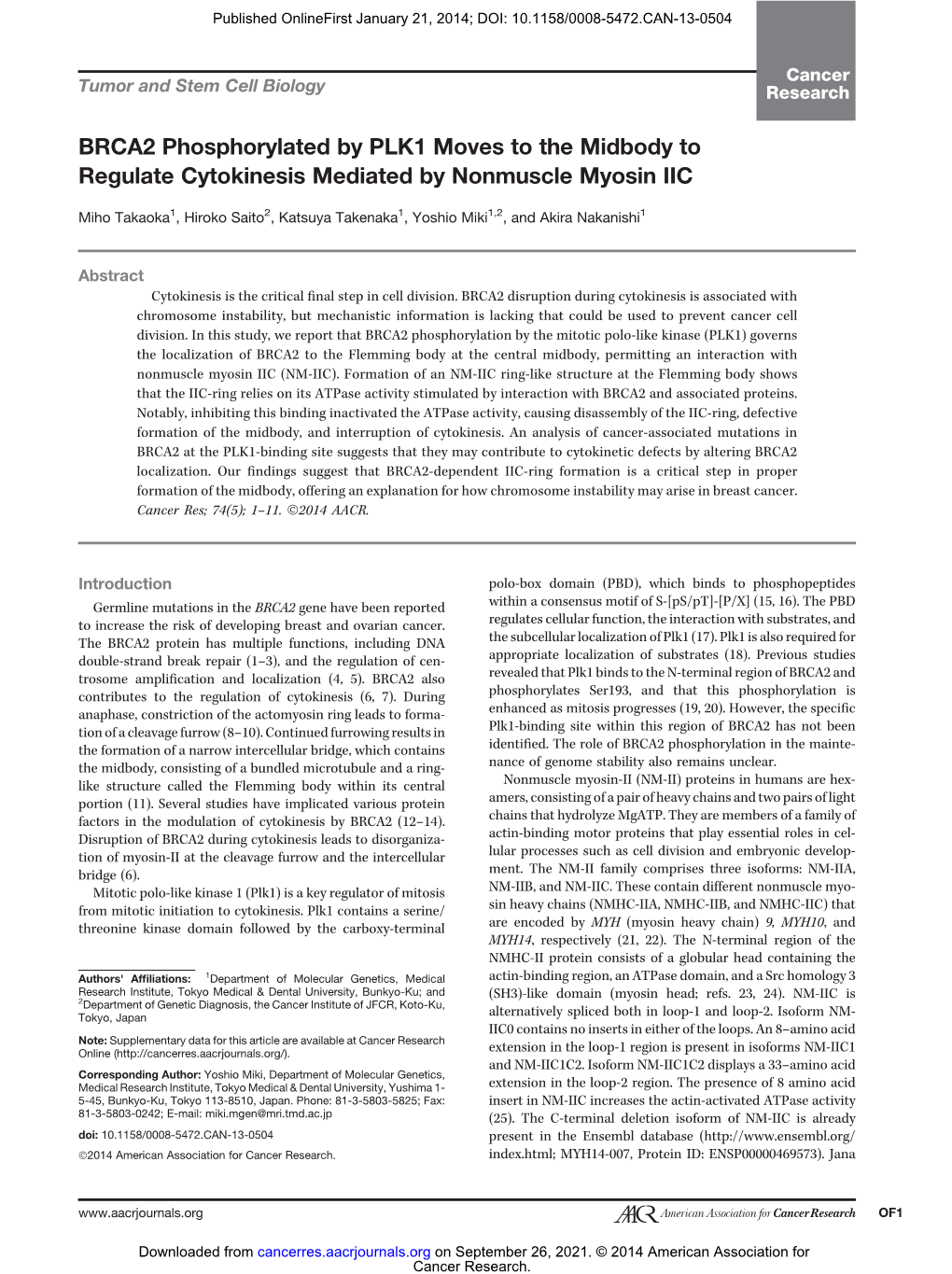 BRCA2 Phosphorylated by PLK1 Moves to the Midbody to Regulate Cytokinesis Mediated by Nonmuscle Myosin IIC