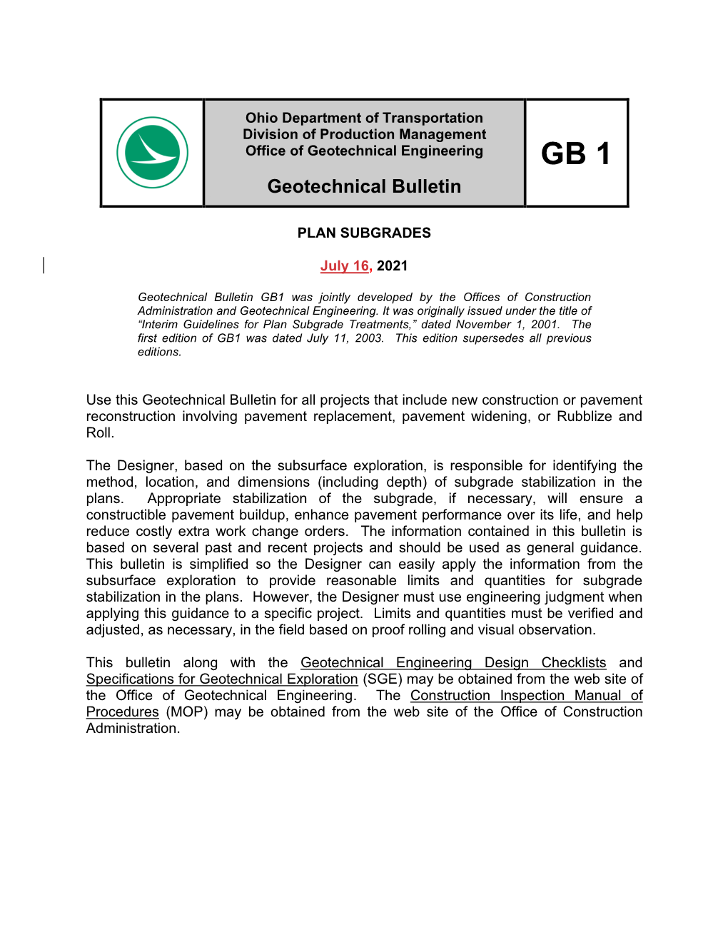 Geotechnical Bulletin 1, Plan Subgrades