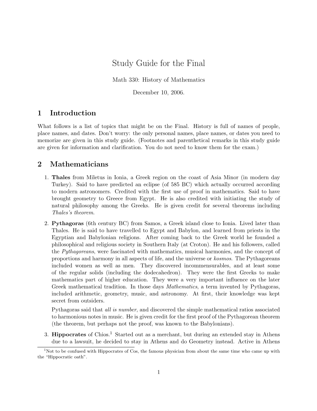 Study Guide for the Final