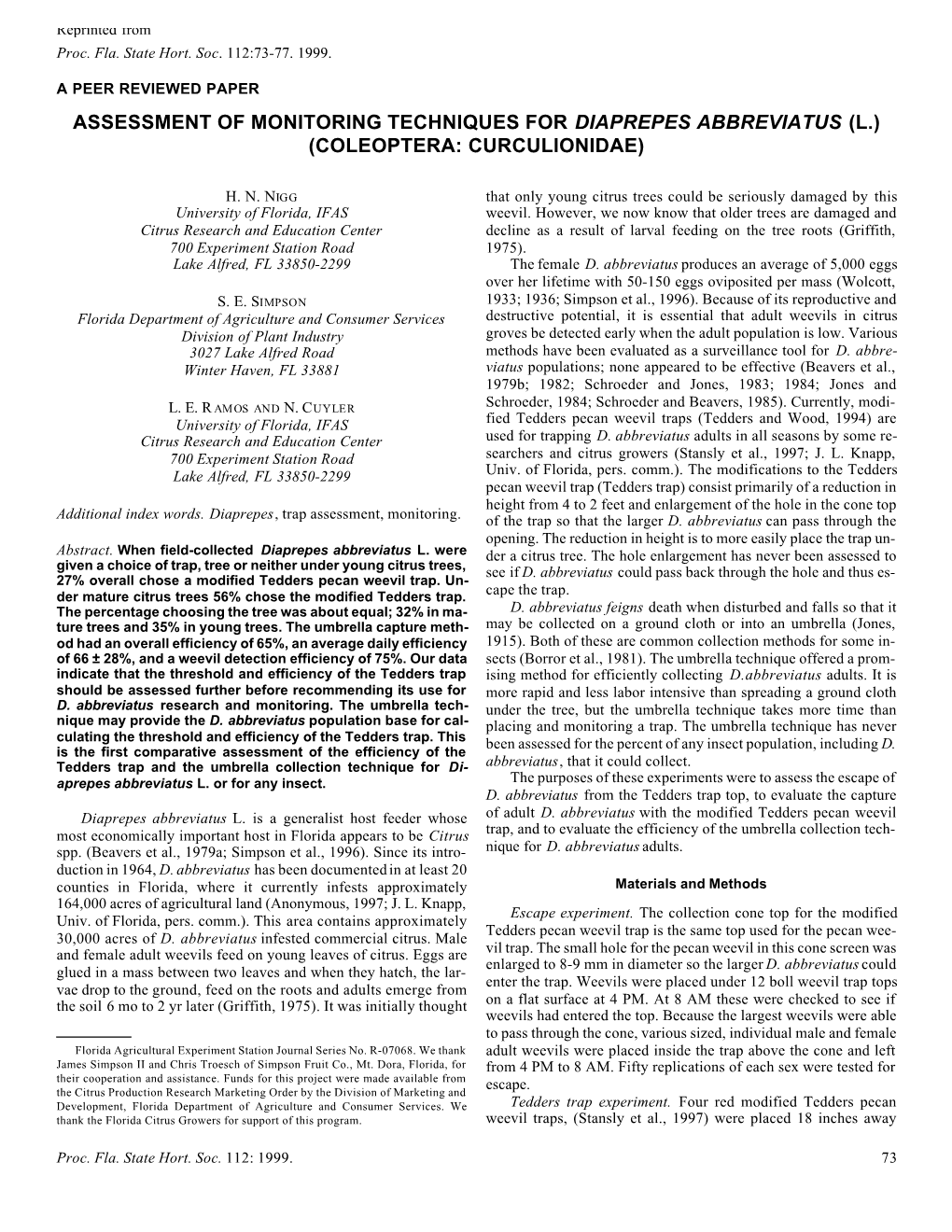 Assessment of Monitoring Techniques for Diaprepes Abbreviatus (L.) (Coleoptera: Curculionidae)