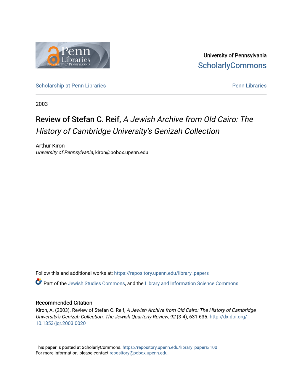 Review of Stefan C. Reif, a Jewish Archive from Old Cairo: the History of Cambridge University's Genizah Collection