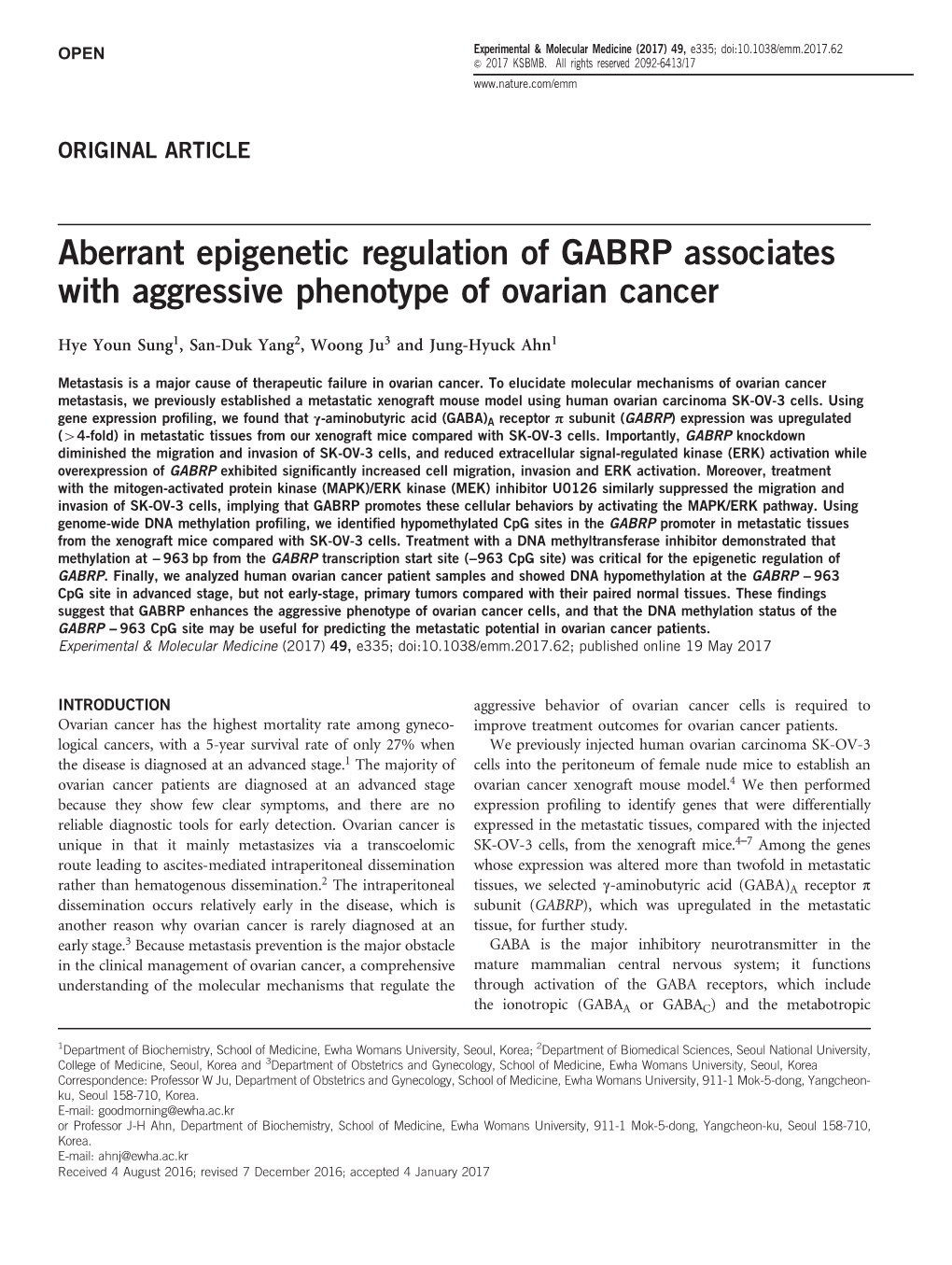 Aberrant Epigenetic Regulation of GABRP Associates with Aggressive Phenotype of Ovarian Cancer