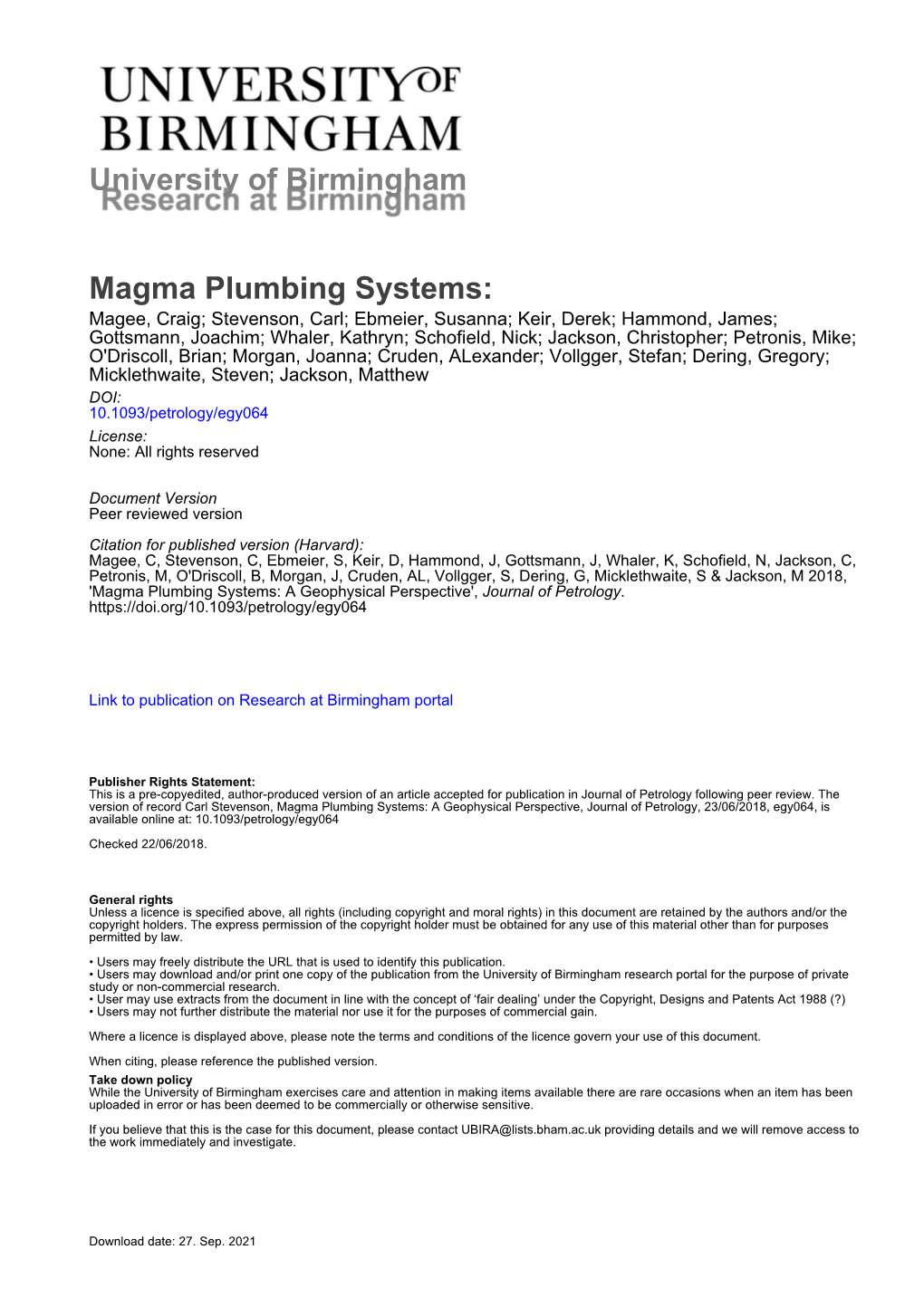 University of Birmingham Magma Plumbing Systems