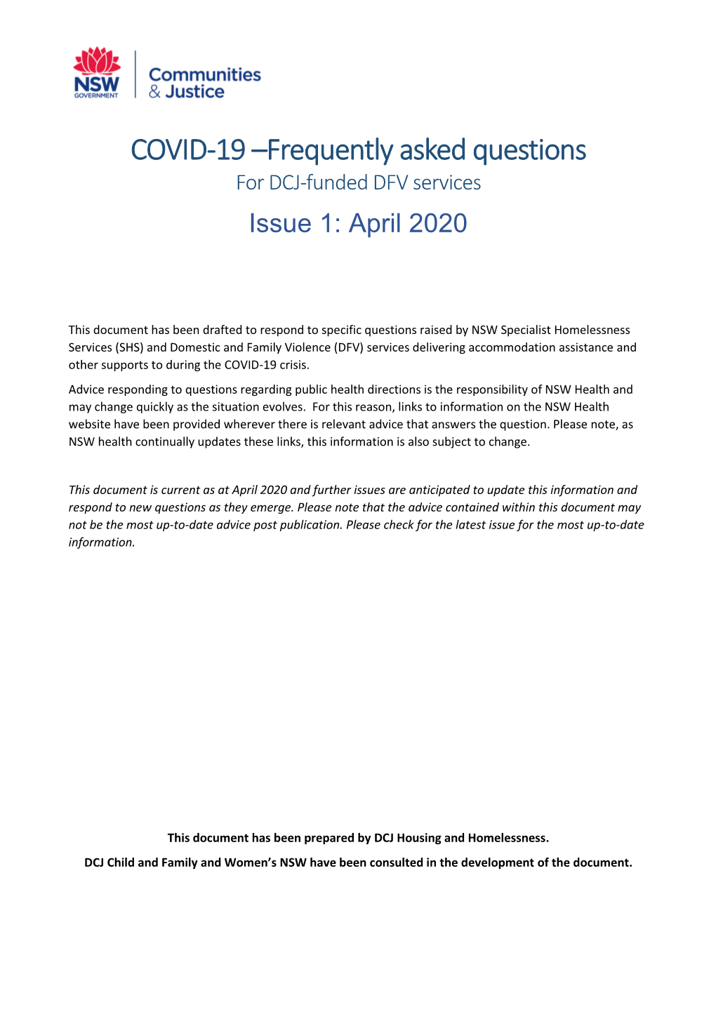 COVID-19 –Frequently Asked Questions for DCJ-Funded DFV Services Issue 1: April 2020