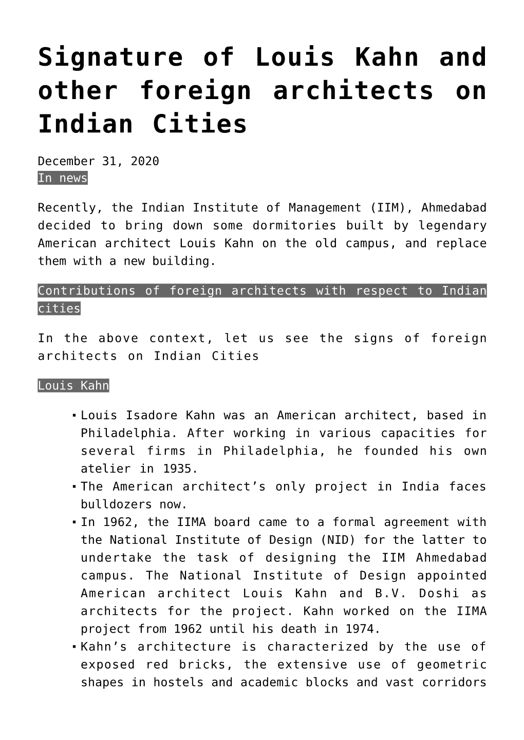 Signature of Louis Kahn and Other Foreign Architects on Indian Cities