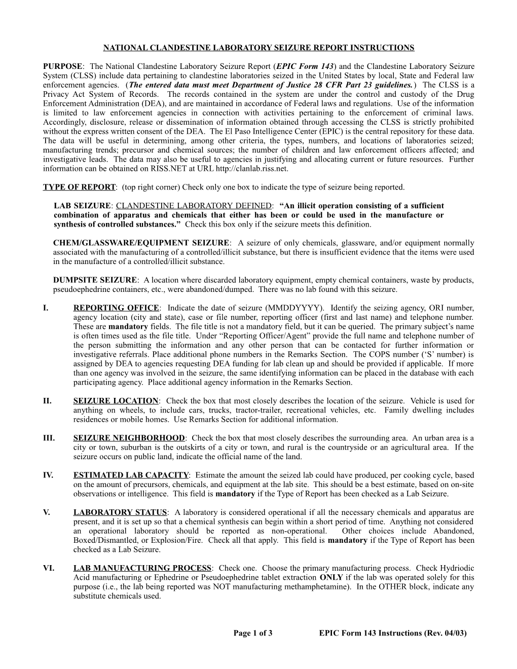 National Clandistine Laboratory Seizure Report