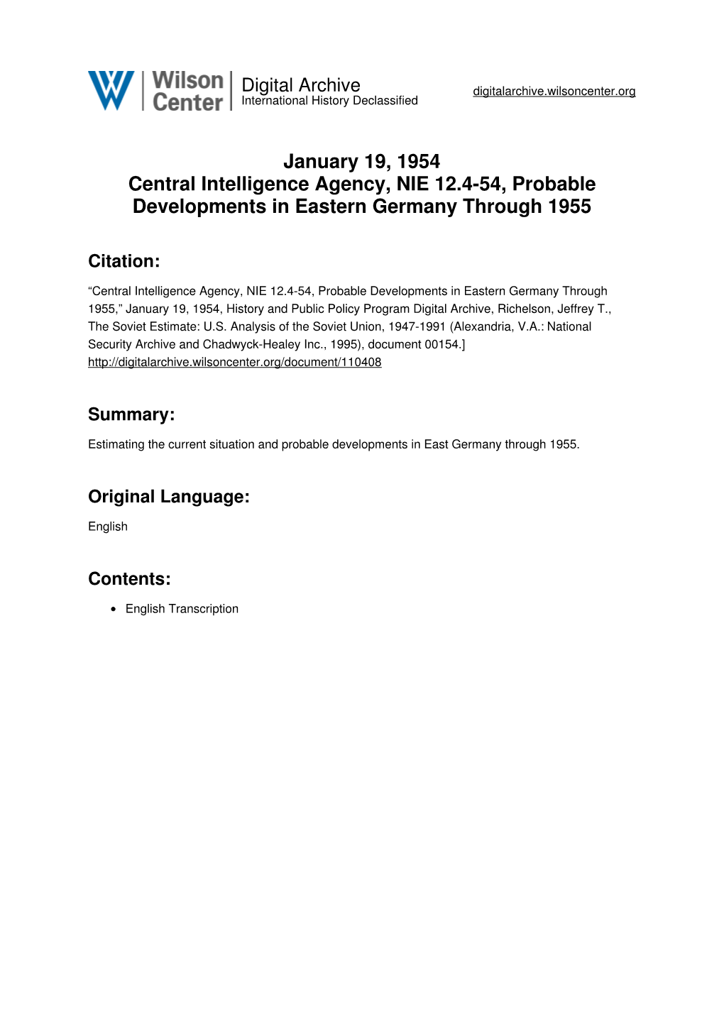 January 19, 1954 Central Intelligence Agency, NIE 12.4-54, Probable Developments in Eastern Germany Through 1955