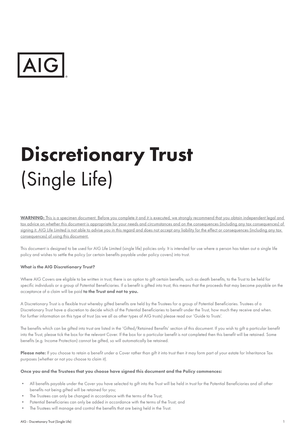 Discretionary Trust (Single Life)