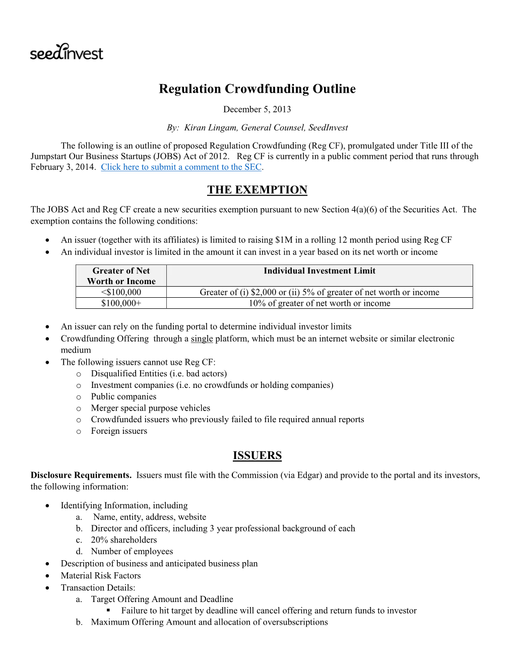 Regulation Crowdfunding Outline