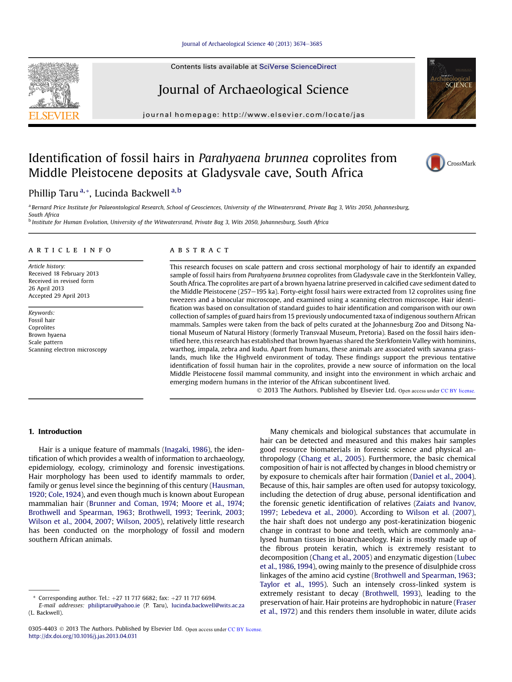 Identification of Fossil Hairs in Parahyaena Brunnea Coprolites