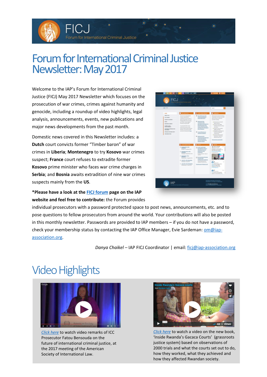 Forum for International Criminal Justice Newsletter: May 2017 Video