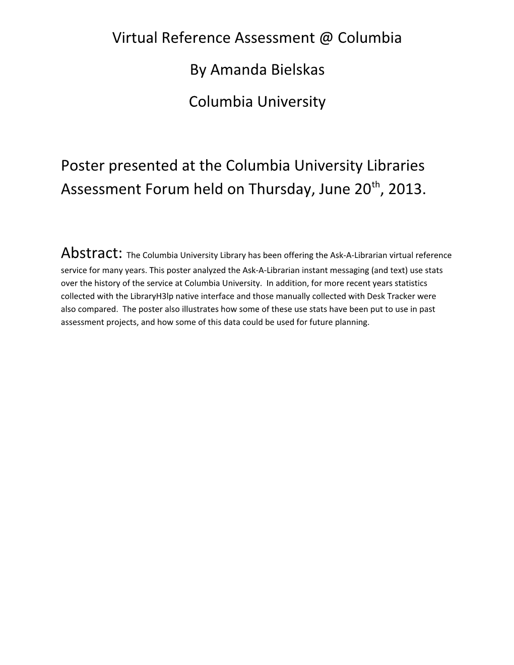 Virtual Reference Assessment Columbia