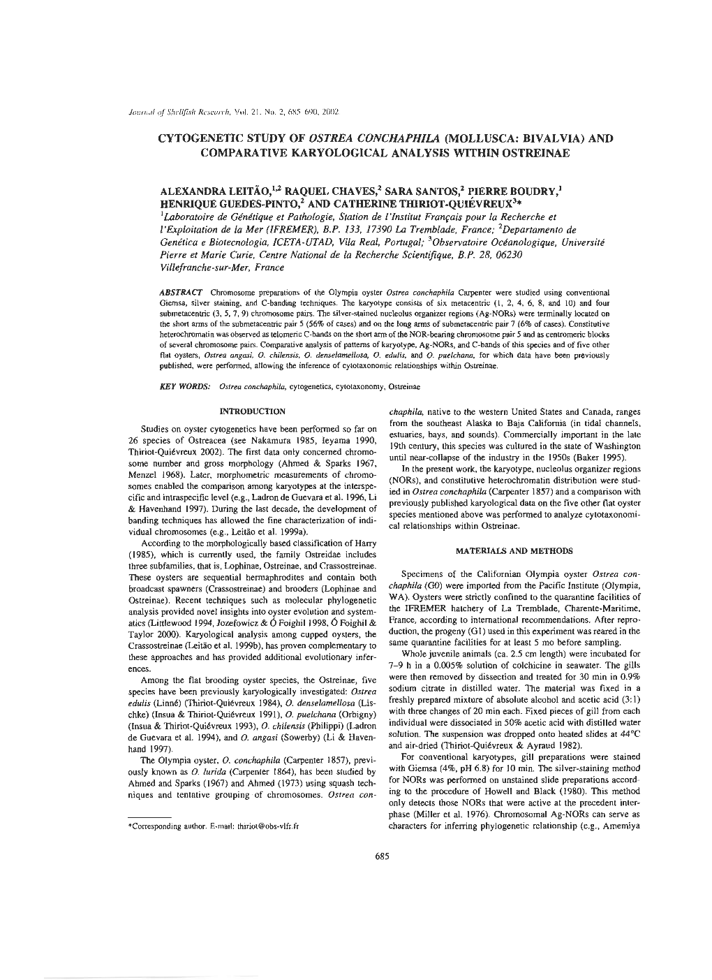 Cytogenetic Study of Ostrea Conchaphila (Mollusca : Bivalvia