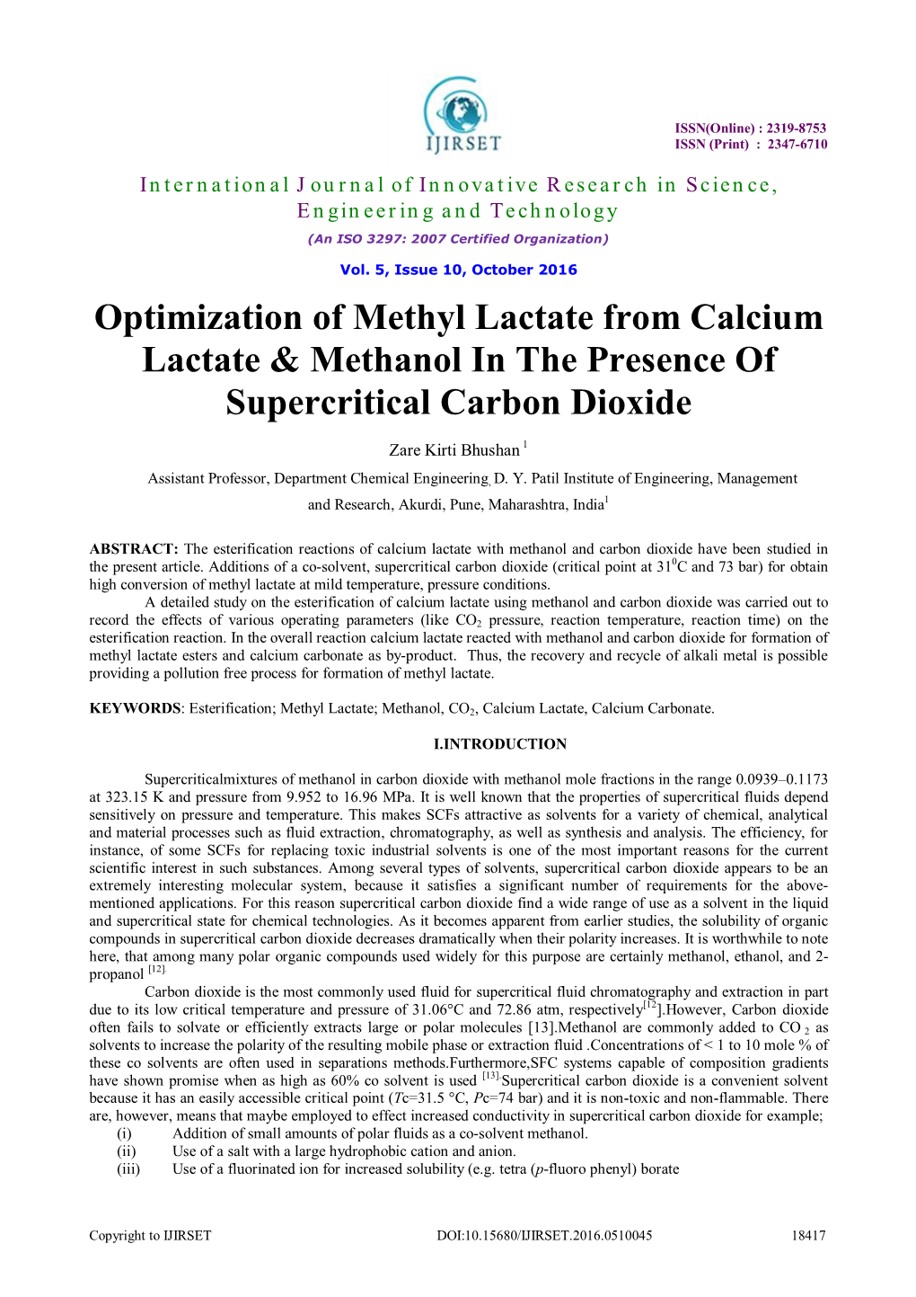 Optimization of Methyl Lactate from Calcium Lactate & Methanol in The