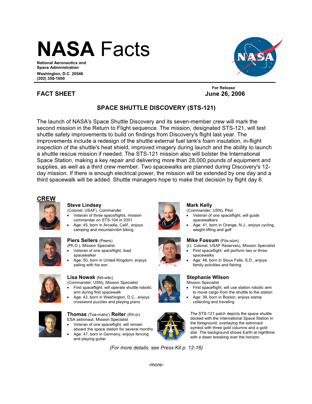 STS-121 Mission Fact Sheet