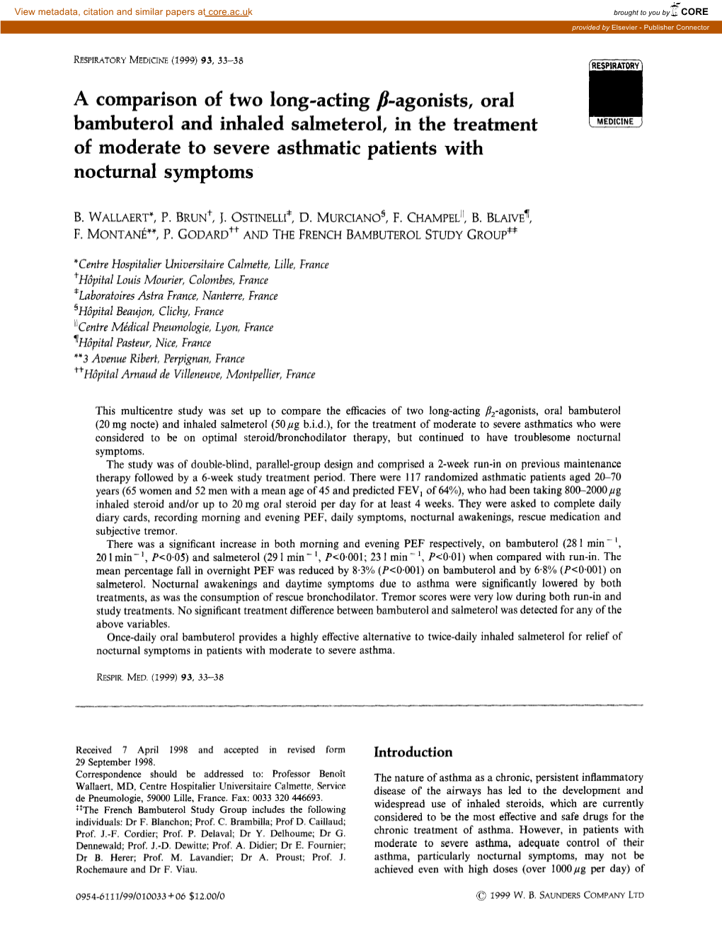 A Comparison of Two Long-Acting P-Agonists, Oral Bambuterol and Inhaled Salmeterol, in the Treatment of Moderate to Severe Asthmatic Patients with Nocturnal Symptoms