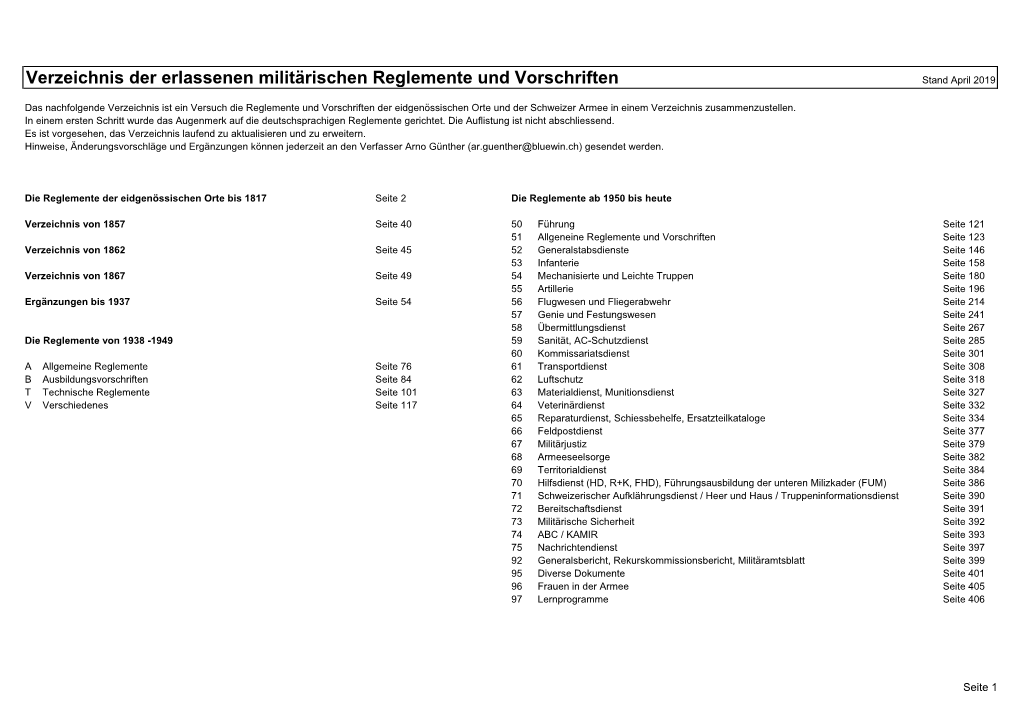 Verzeichnis Der Erlassenen Militärischen Reglemente Und Vorschriften Stand April 2019