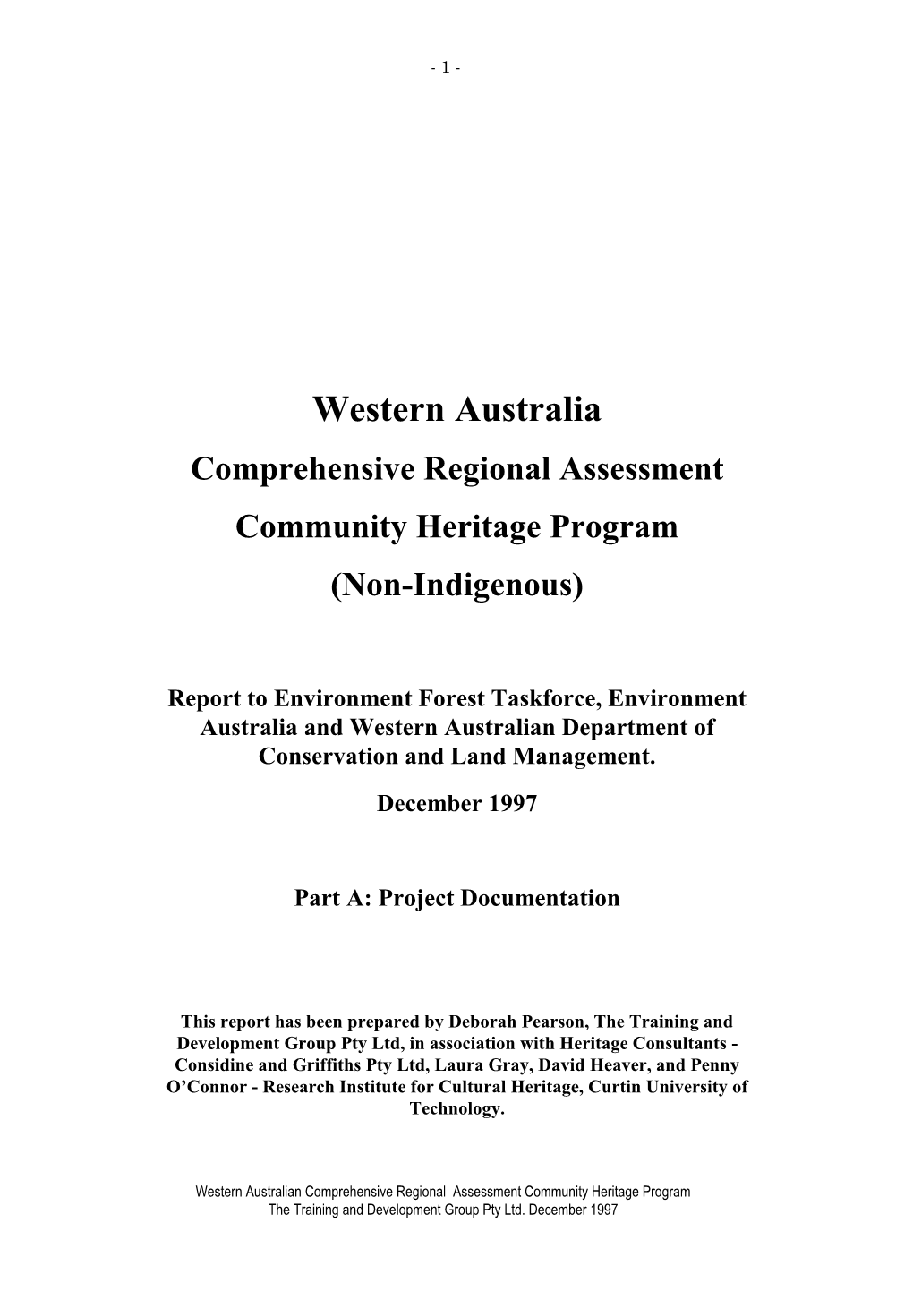Western Australia Comprehensive Regional Assessment Community Heritage Program (Non-Indigenous)