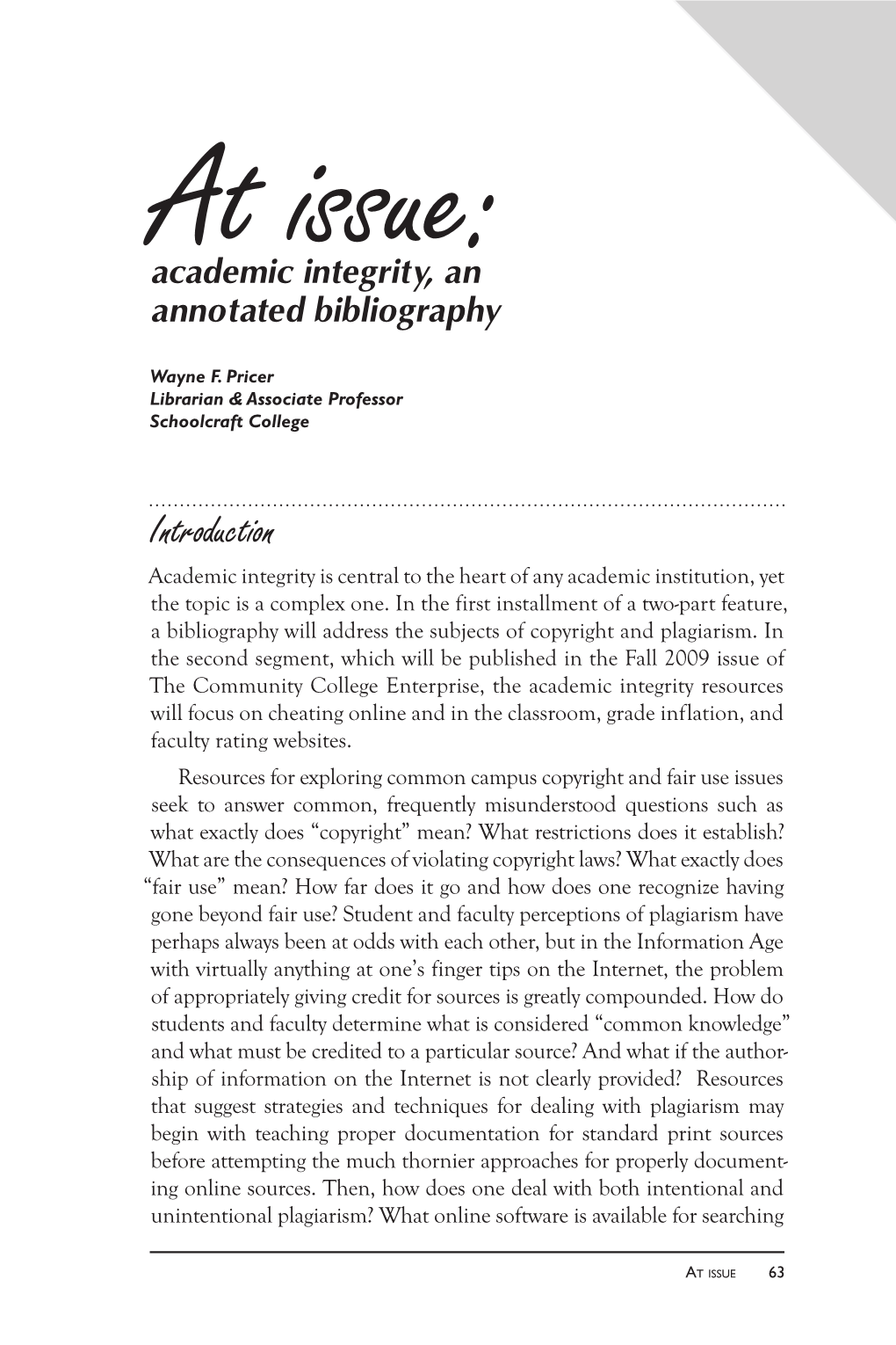 At Issue: Academic Integrity, an Annotated Bibliography