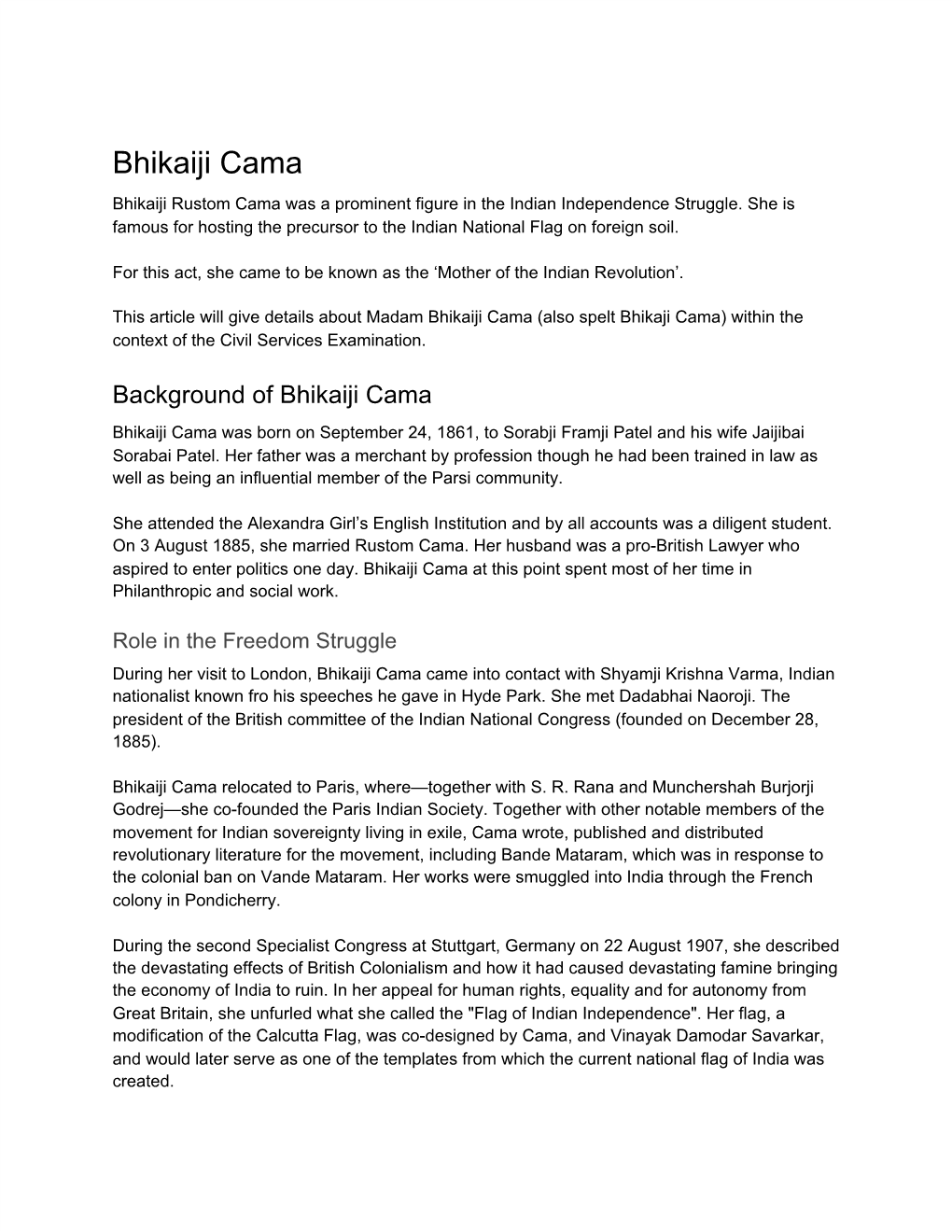 Bhikaiji Cama Bhikaiji Rustom Cama Was a Prominent Figure in the Indian Independence Struggle