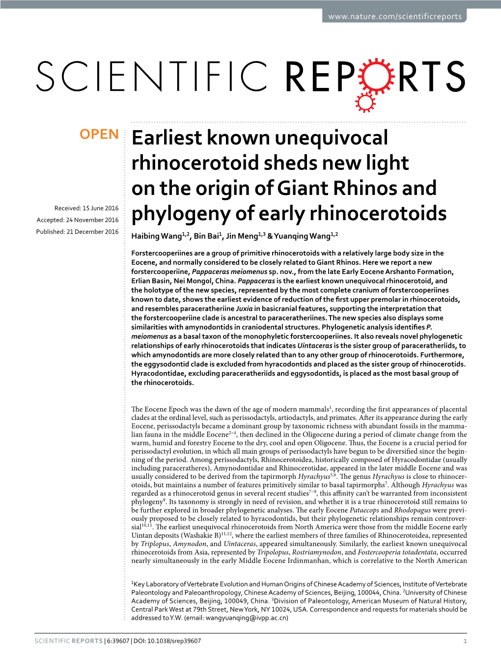 Earliest Known Unequivocal Rhinocerotoid Sheds New Light On