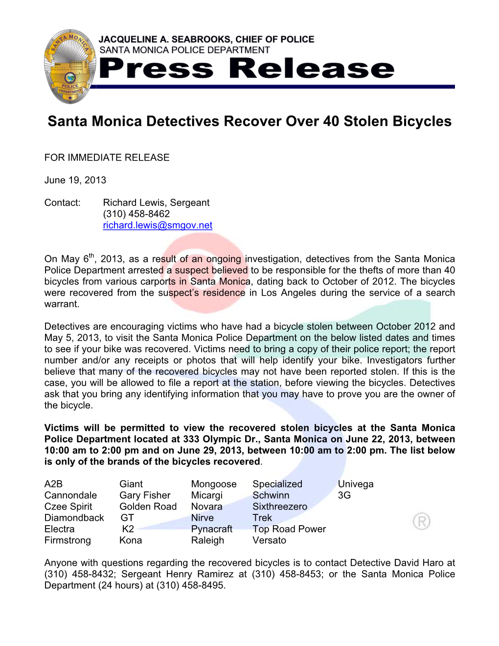 Santa Monica Detectives Recover Over 40 Stolen Bicycles