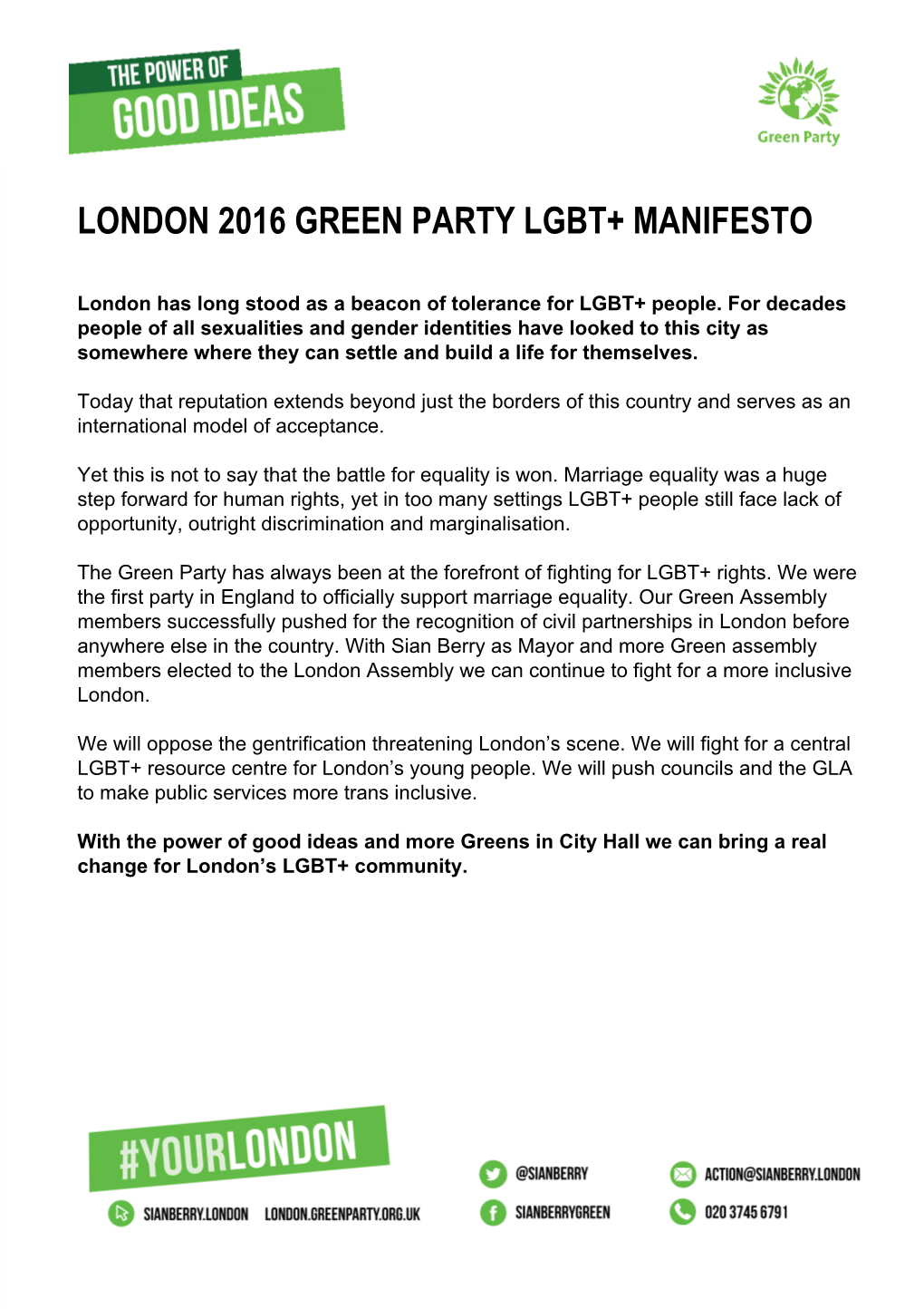 London Green Party LGBT+ Manifesto 2016