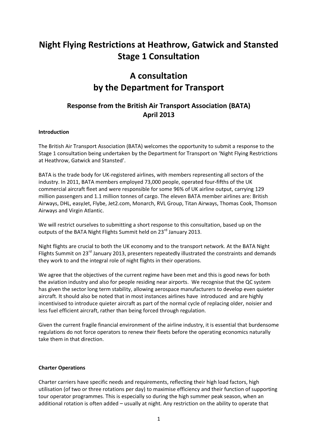 Night Flying Restrictions at Heathrow, Gatwick and Stansted Stage 1 Consultation