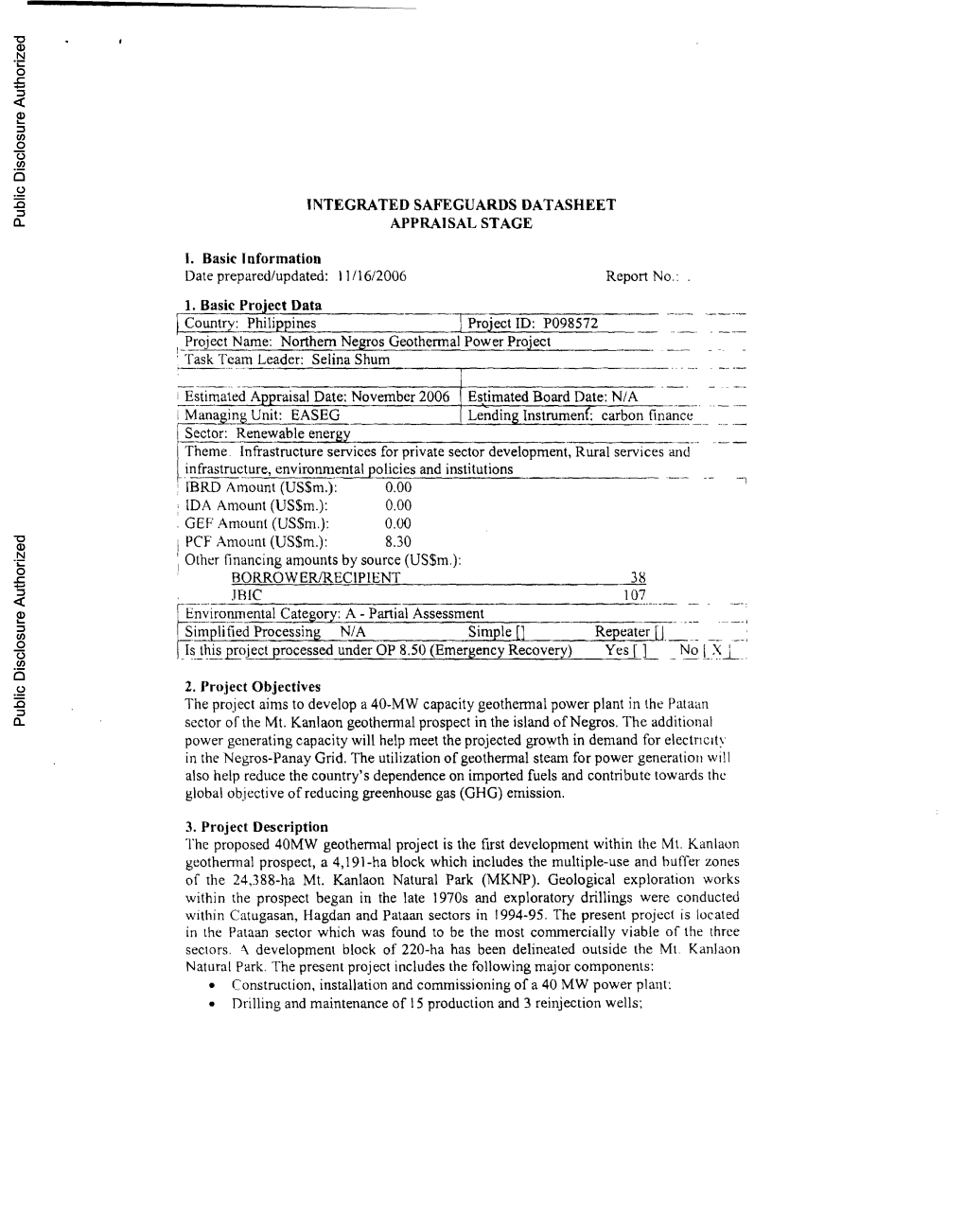 INTEGRATED SAFEGUARDS DATASHEET APPRAISAL STAGE Public Disclosure Authorized