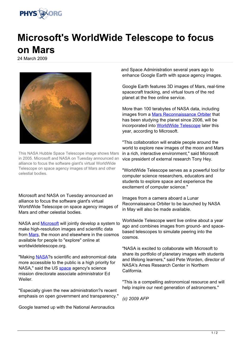 Microsoft's Worldwide Telescope to Focus on Mars 24 March 2009