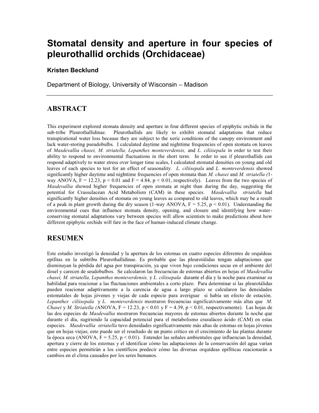 Stomatal Density and Aperture in Four Species of Pleurothallid Orchids (Orchidaceae)